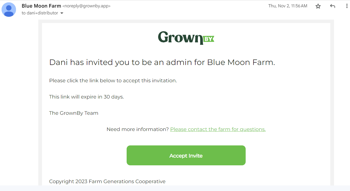 Email invitation to join a GrownBy farm as an admin