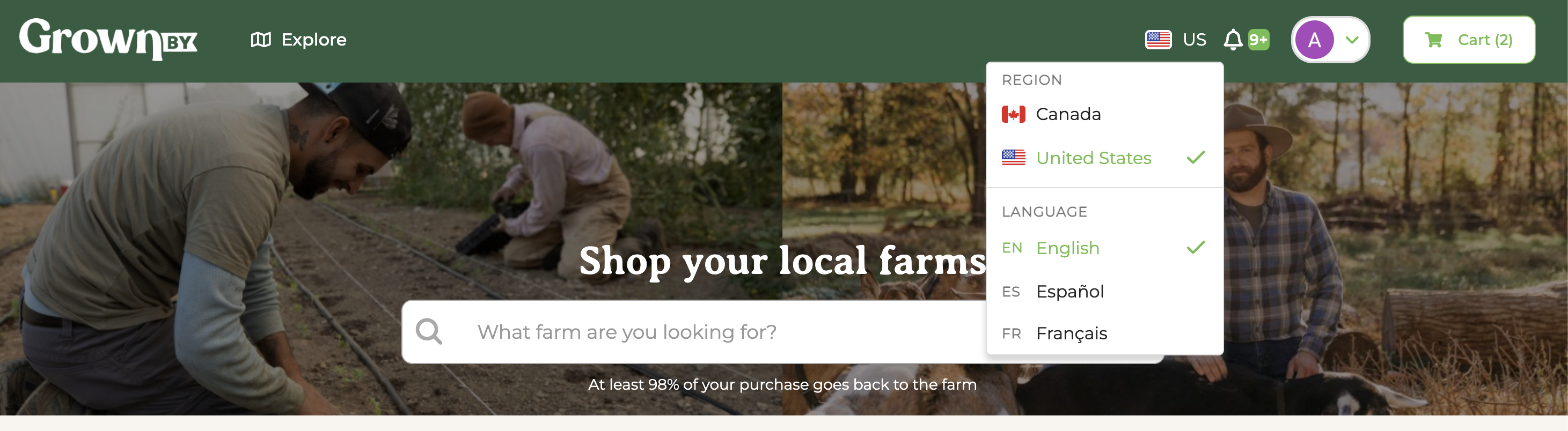 The language picker in the site header, showing region and language options
