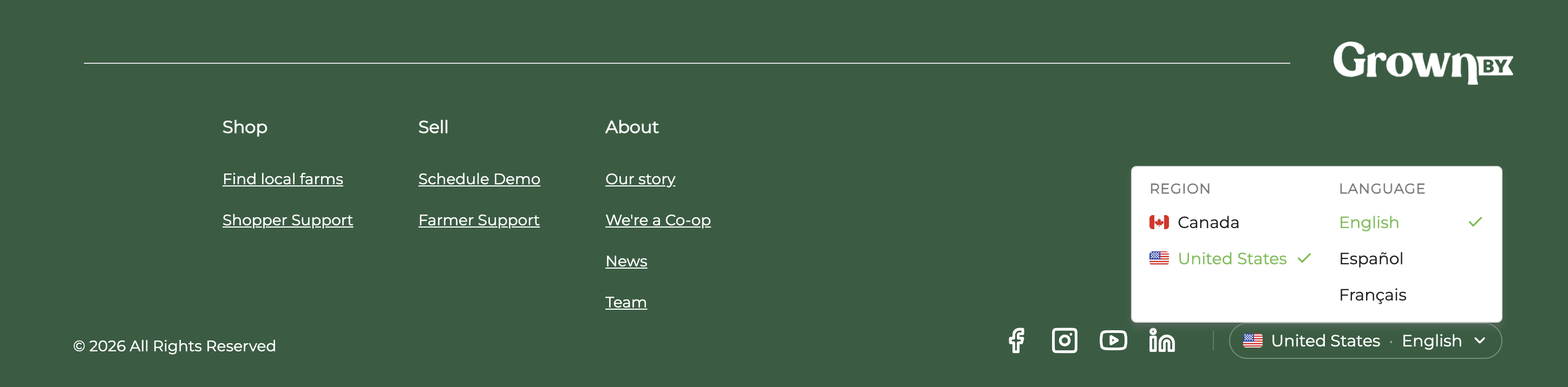 The language picker in the footer, showing region and language options