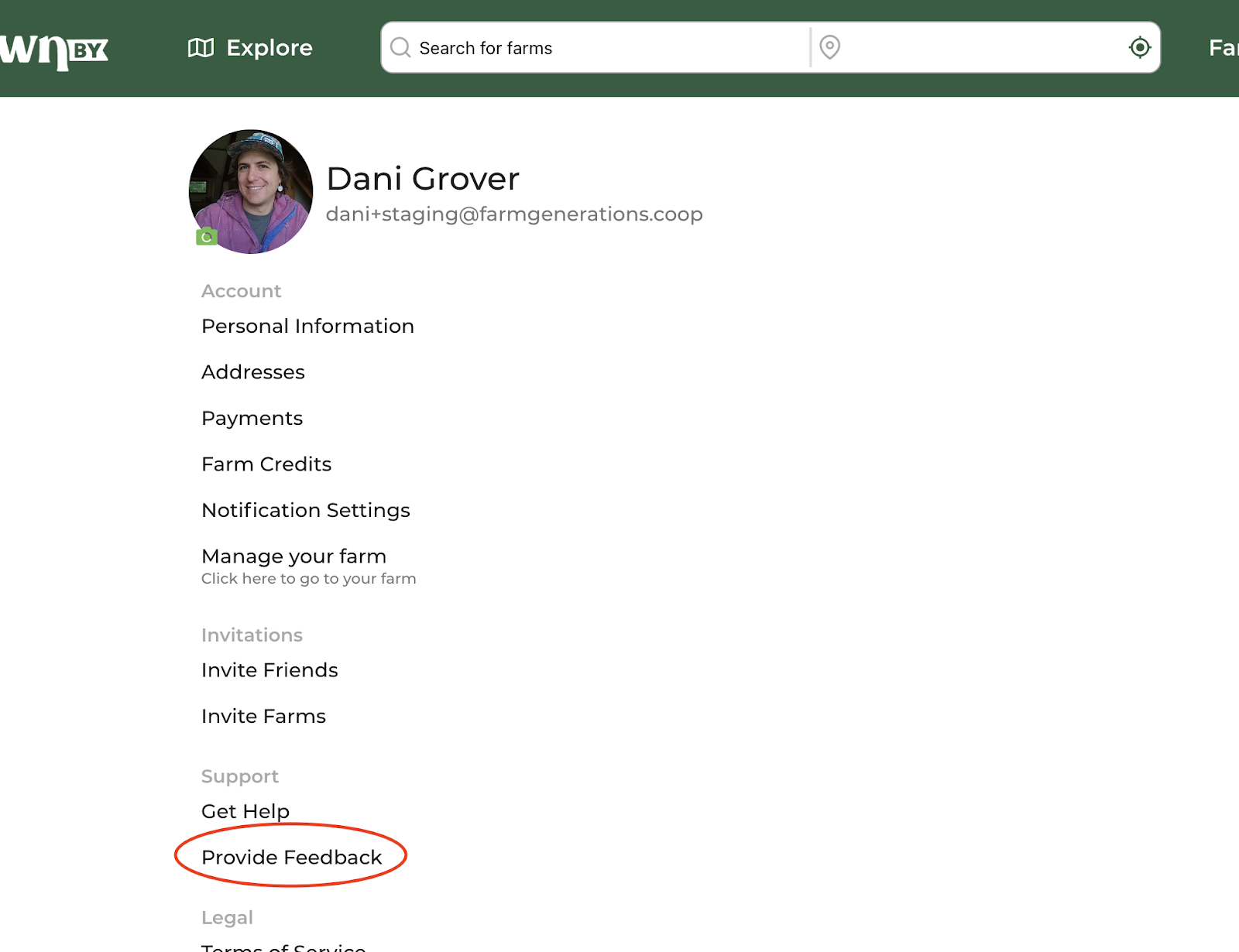 GrownBy account menu showing the Provide Feedback link