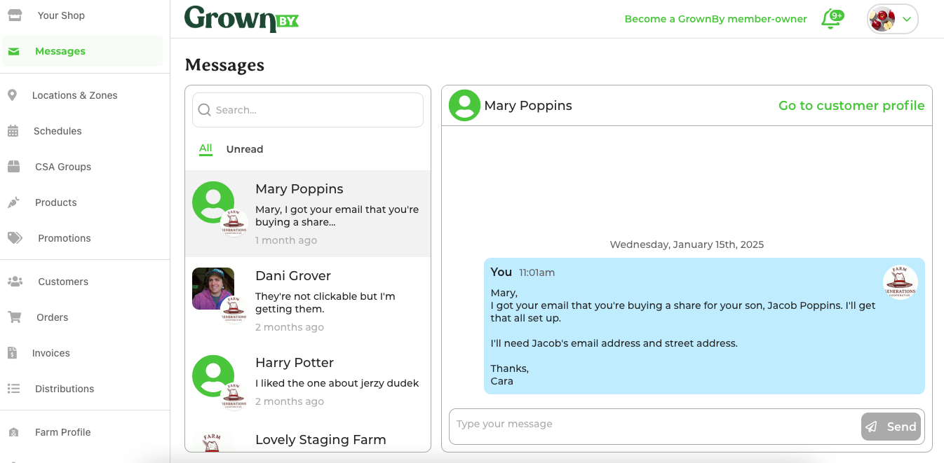 Messages list showing a sent message thread with a customer