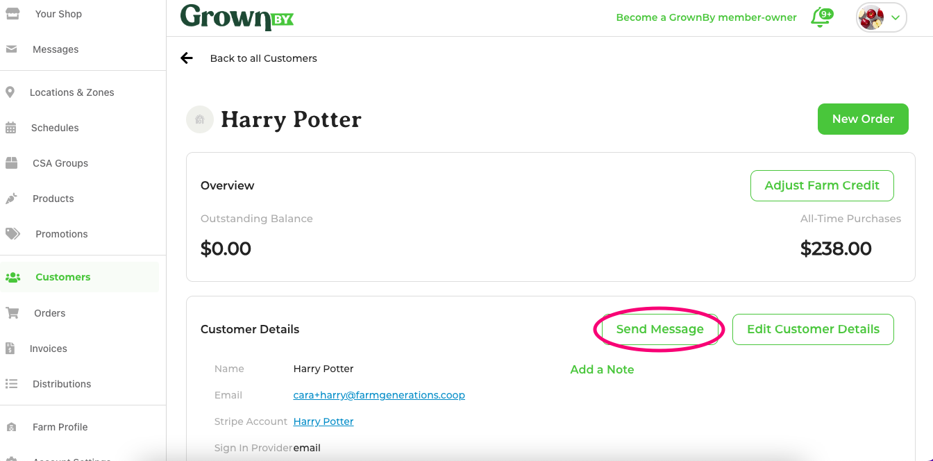 Customer detail page with the Send Message button