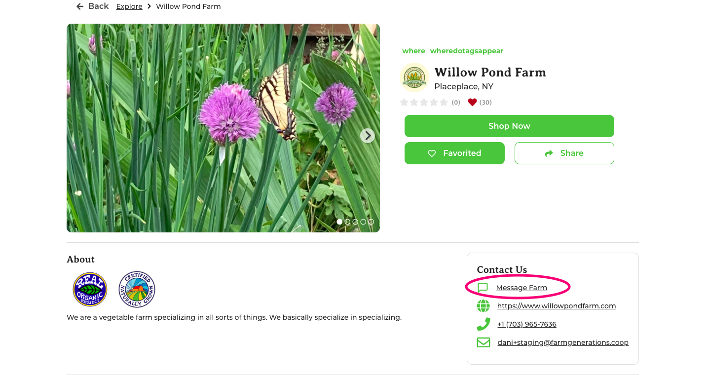 Farm profile page with the Send Message button highlighted