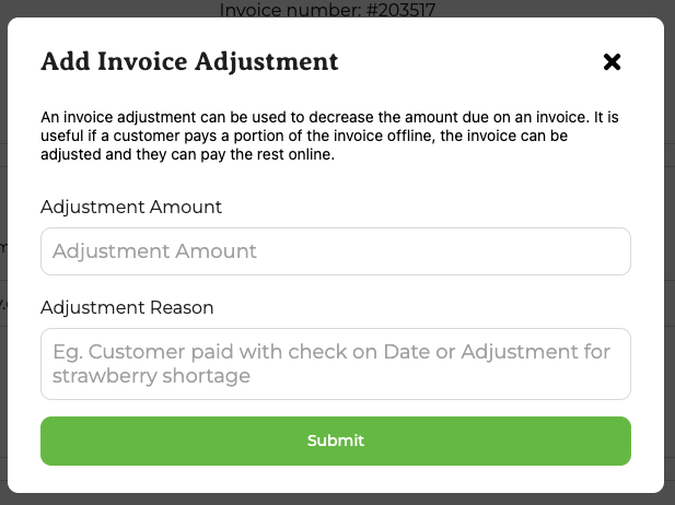 Add Invoice Adjustment pop-up showing fields to reduce the invoice amount and add an optional note