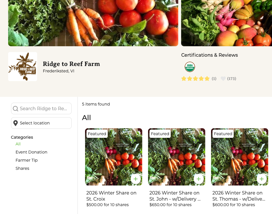 Example shop set-up showing separate share products for each island location