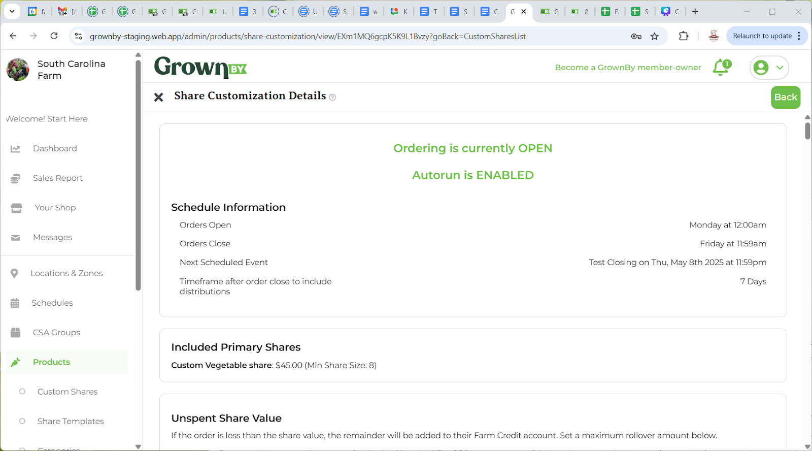 Customization detail screen showing ordering status, Autorun setting, schedule information, and included primary shares