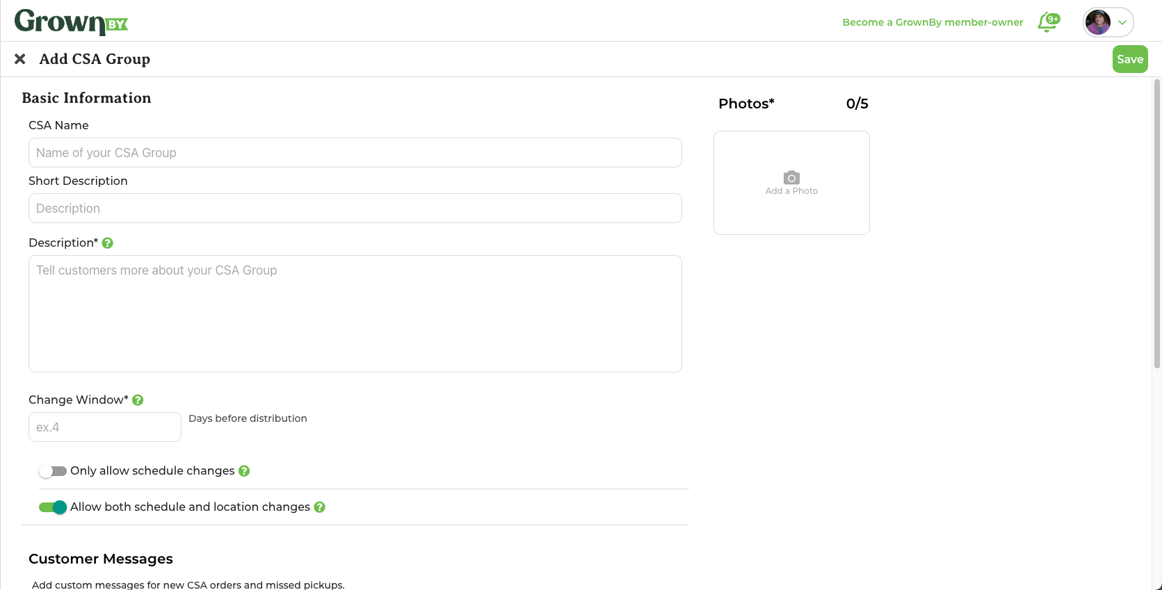 Add CSA Group form in the GrownBy dashboard
