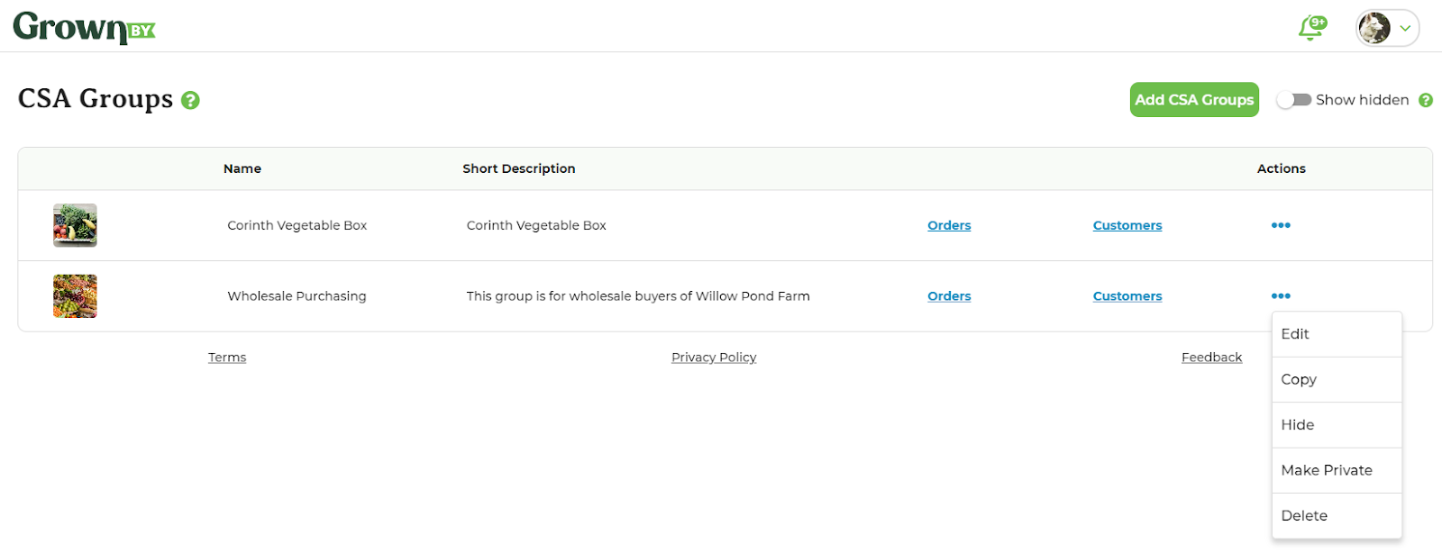Actions menu showing the Make Private option for a CSA Group