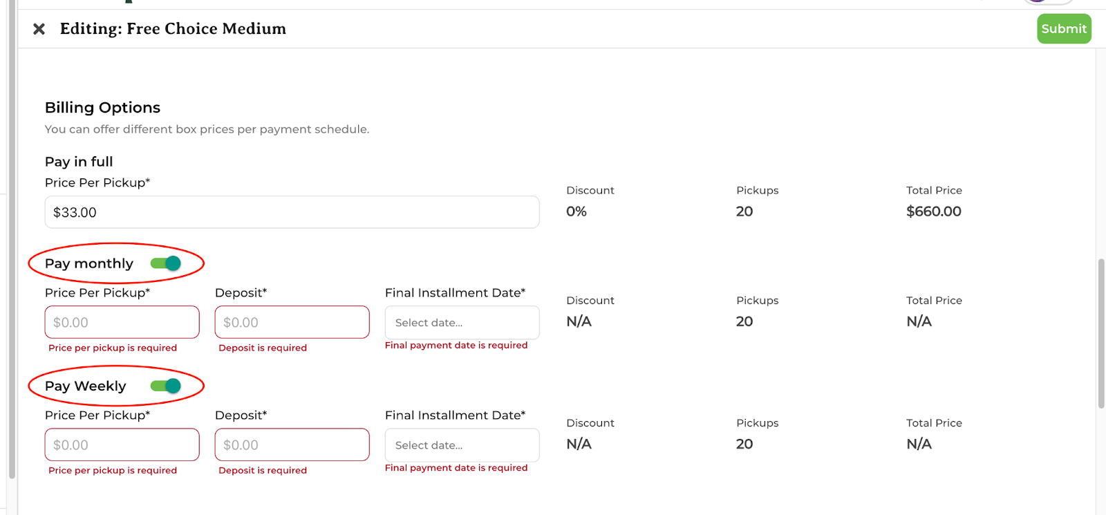 Subscription setup screen showing monthly and weekly payment options