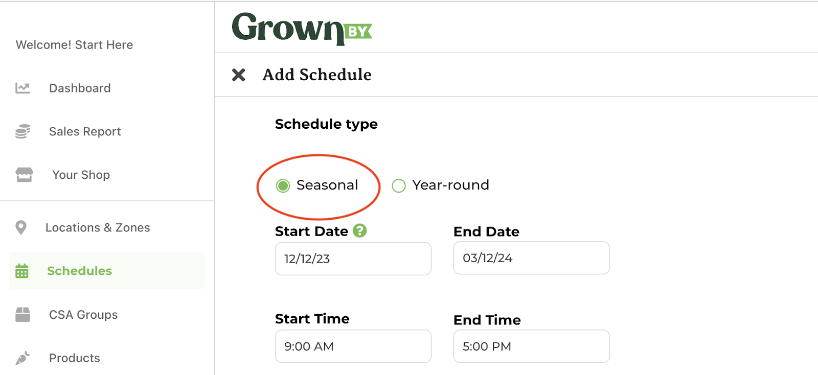 Schedule type selection screen showing Year Round and Seasonal options