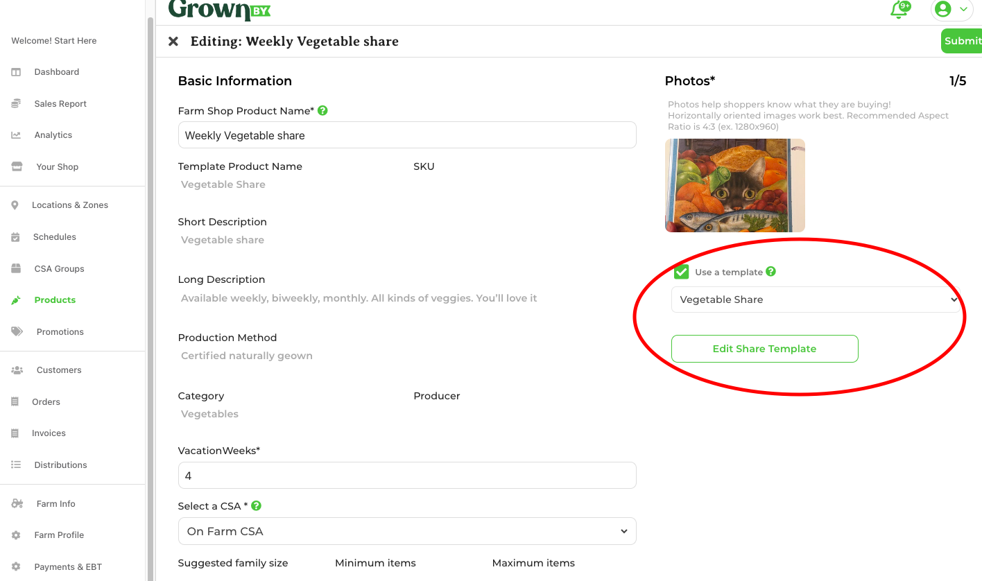 Edit Share Template button shown in the template drop-down menu when editing a share