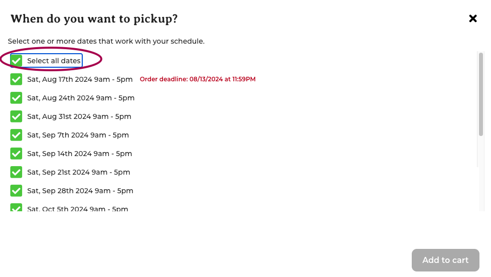 Pickup date selection with Select all date option