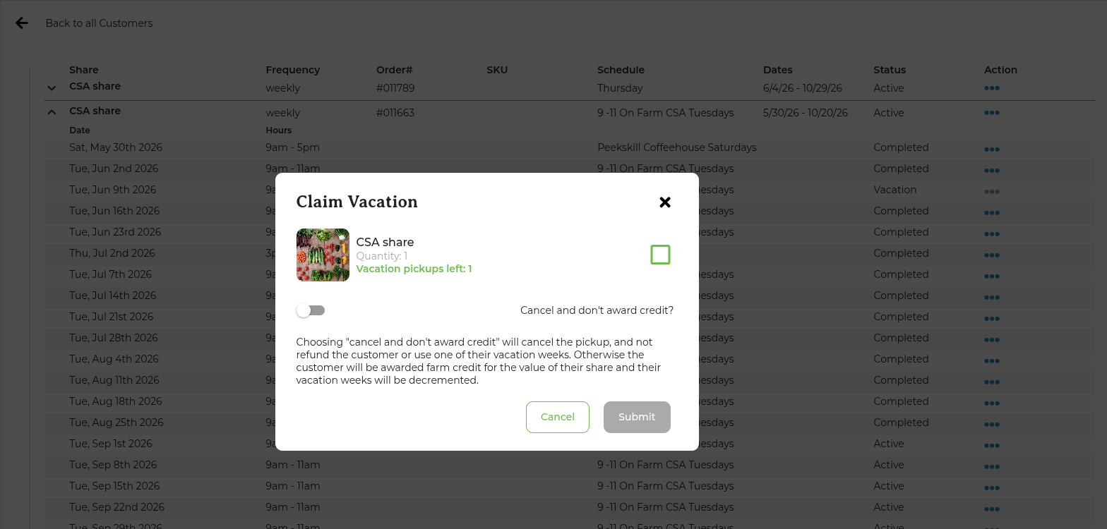 The Claim Vacation pop-up showing the CSA share, remaining vacation pickups, the option to cancel without awarding credit, and the Submit button