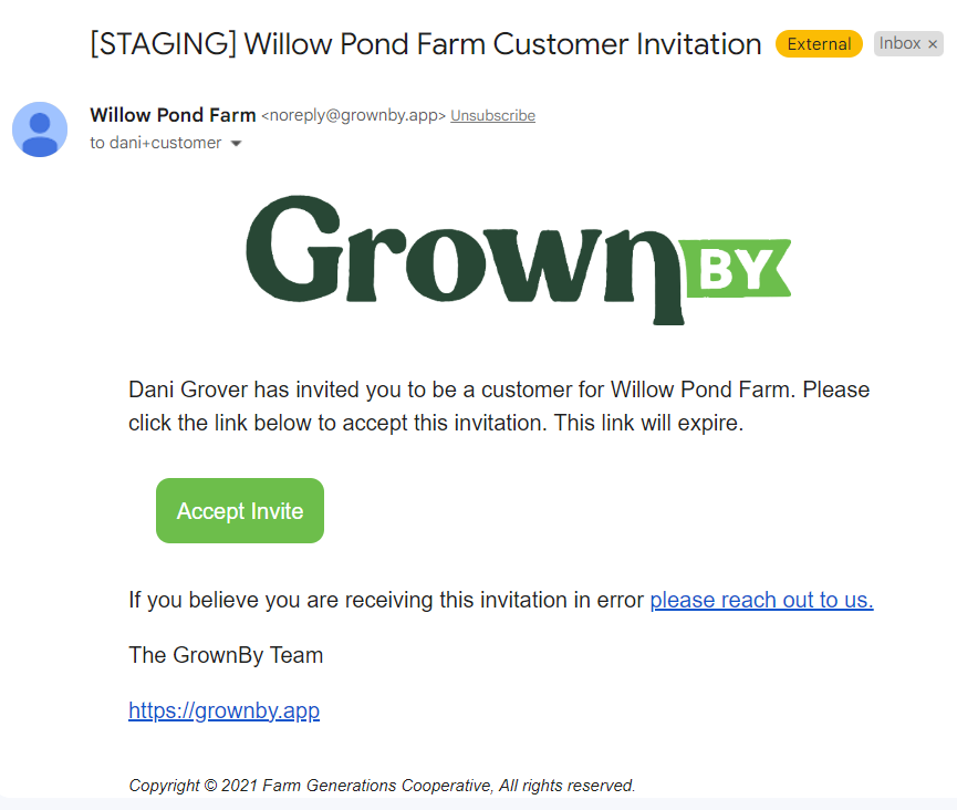 Email invitation asking an existing customer to favorite the farm on GrownBy