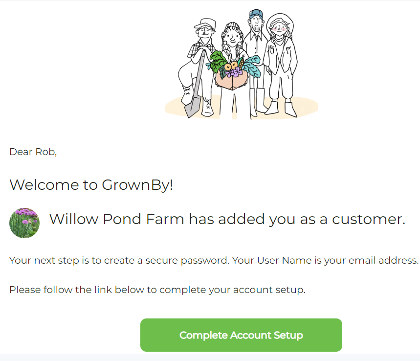 Email inviting a newly added customer to set up their GrownBy account