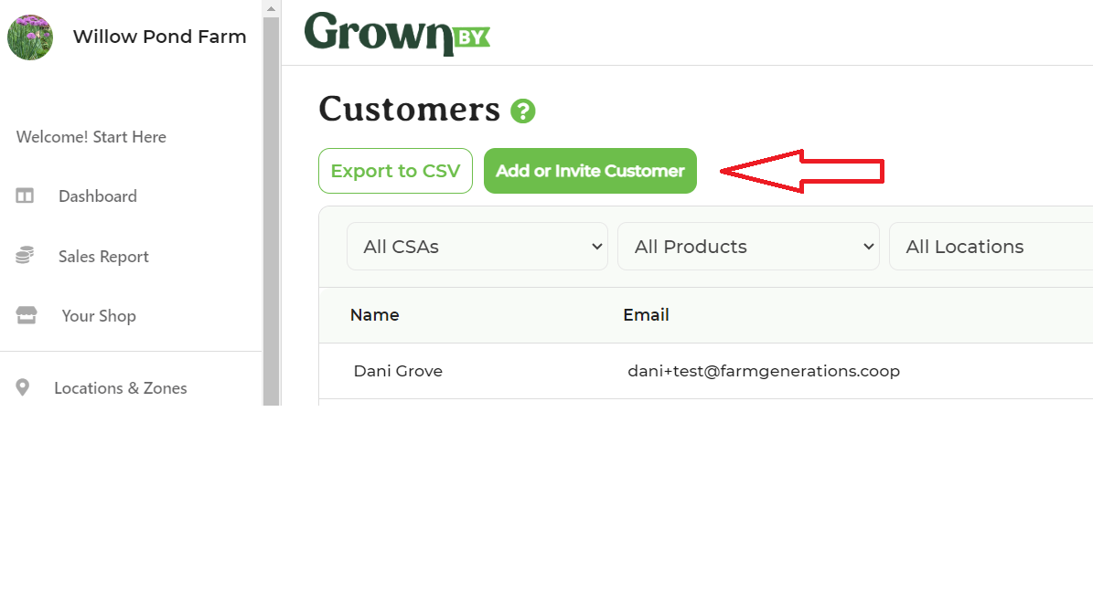 Customers page in the GrownBy dashboard with the Add or Invite Customer button