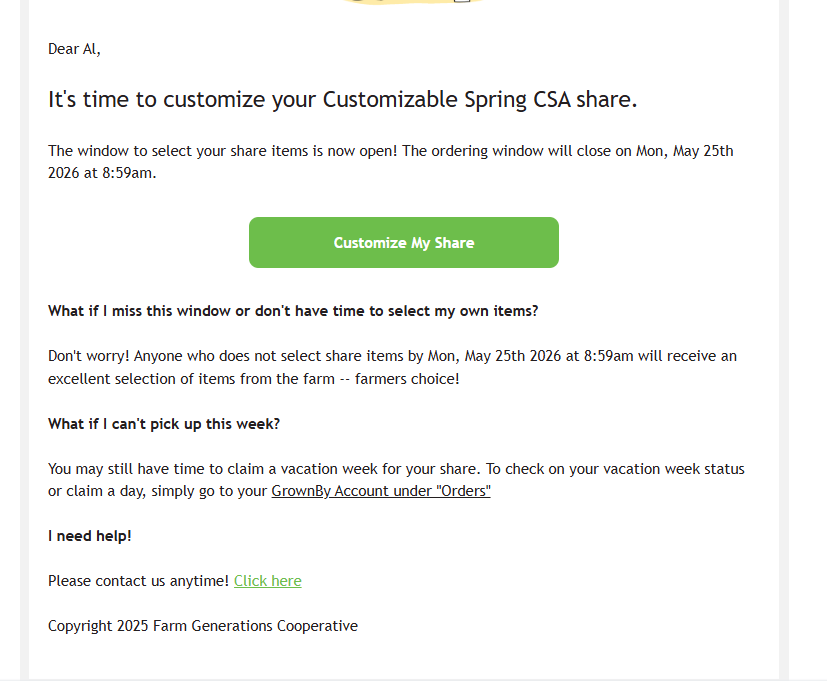 Customizable share open email showing the "It's time to customize your share" message with a Customize My Share button and the ordering window deadline