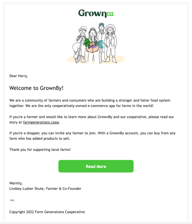 Welcome email from GrownBy