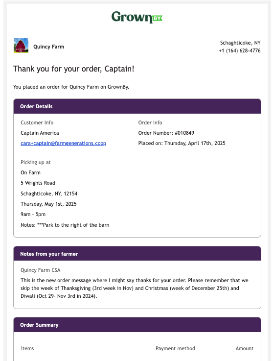 Email to customer showing the Notes field and New Order Message after buying a CSA share