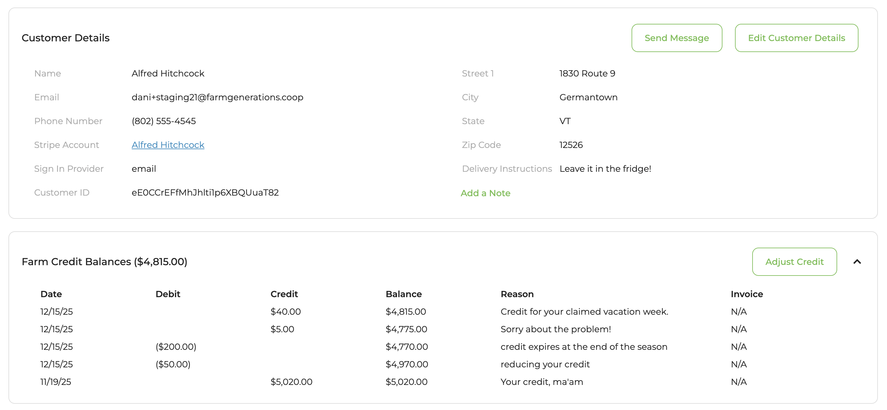 Customer detail page showing Farm Credit Balances section with adjust option