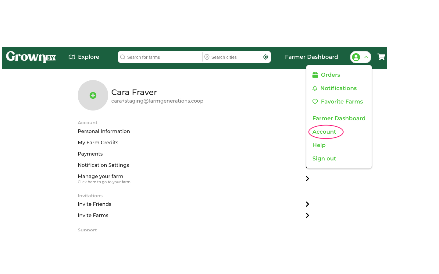 Account menu option in the GrownBy user dropdown