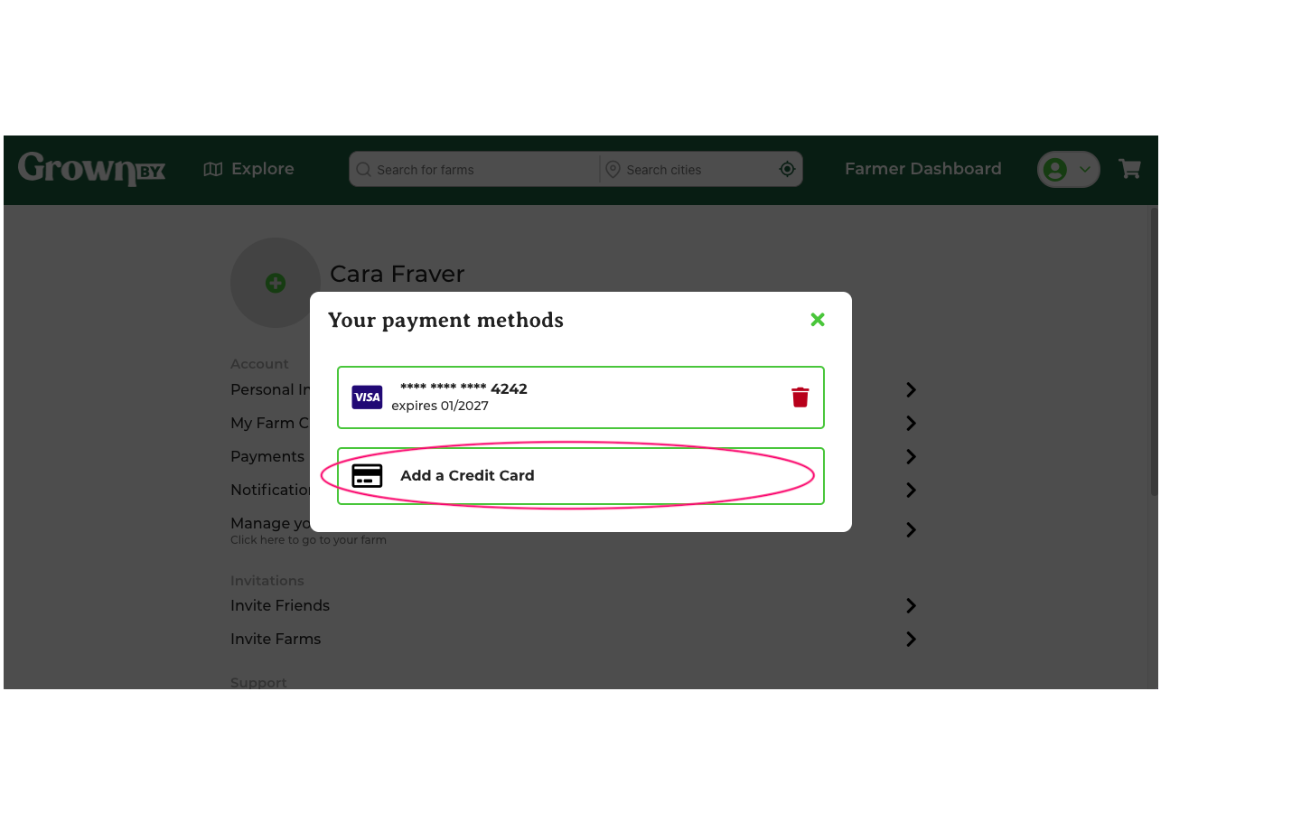 Add a Credit Card button on the Account page