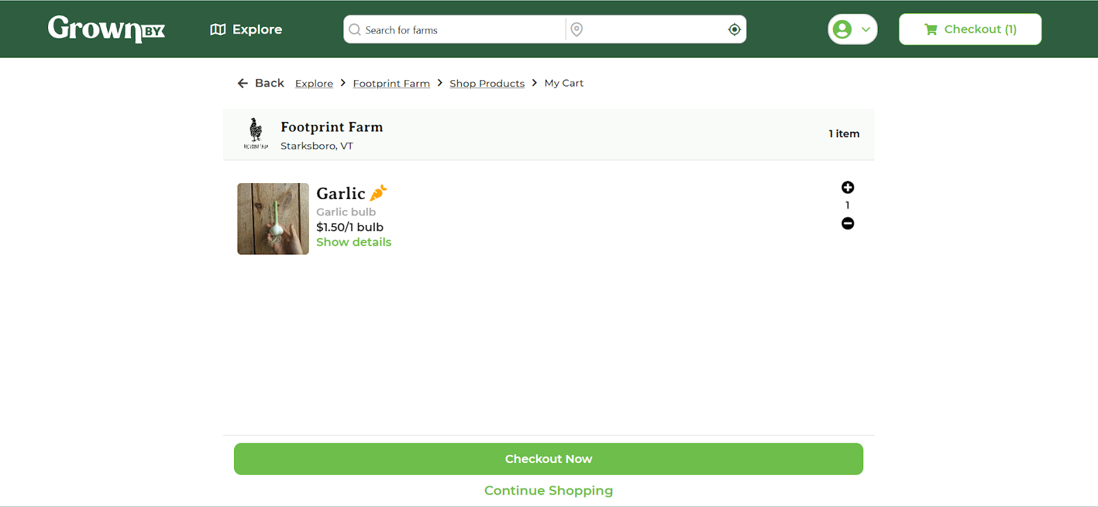 Order review screen with a Checkout Now button