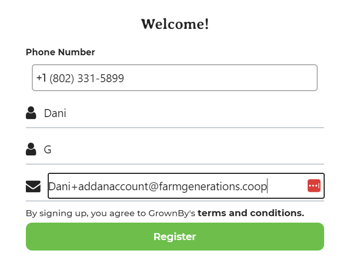Account creation screen prompting for phone number or email