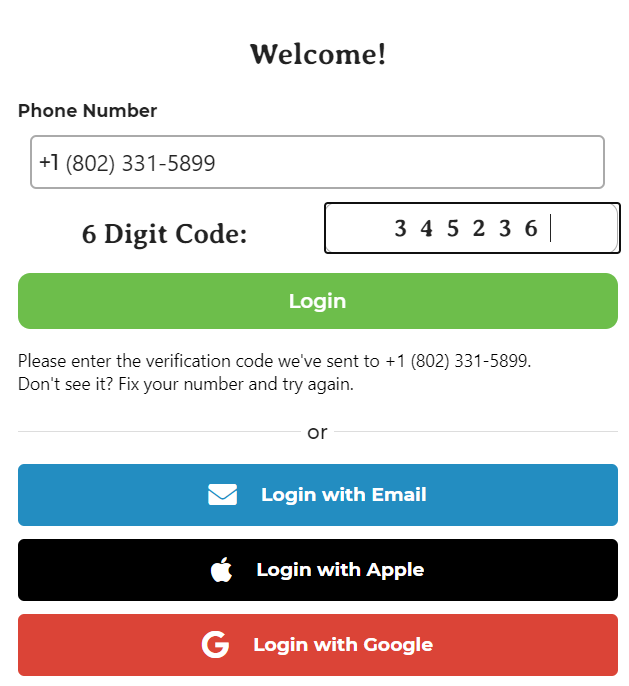 SMS verification screen with a 6-digit code field