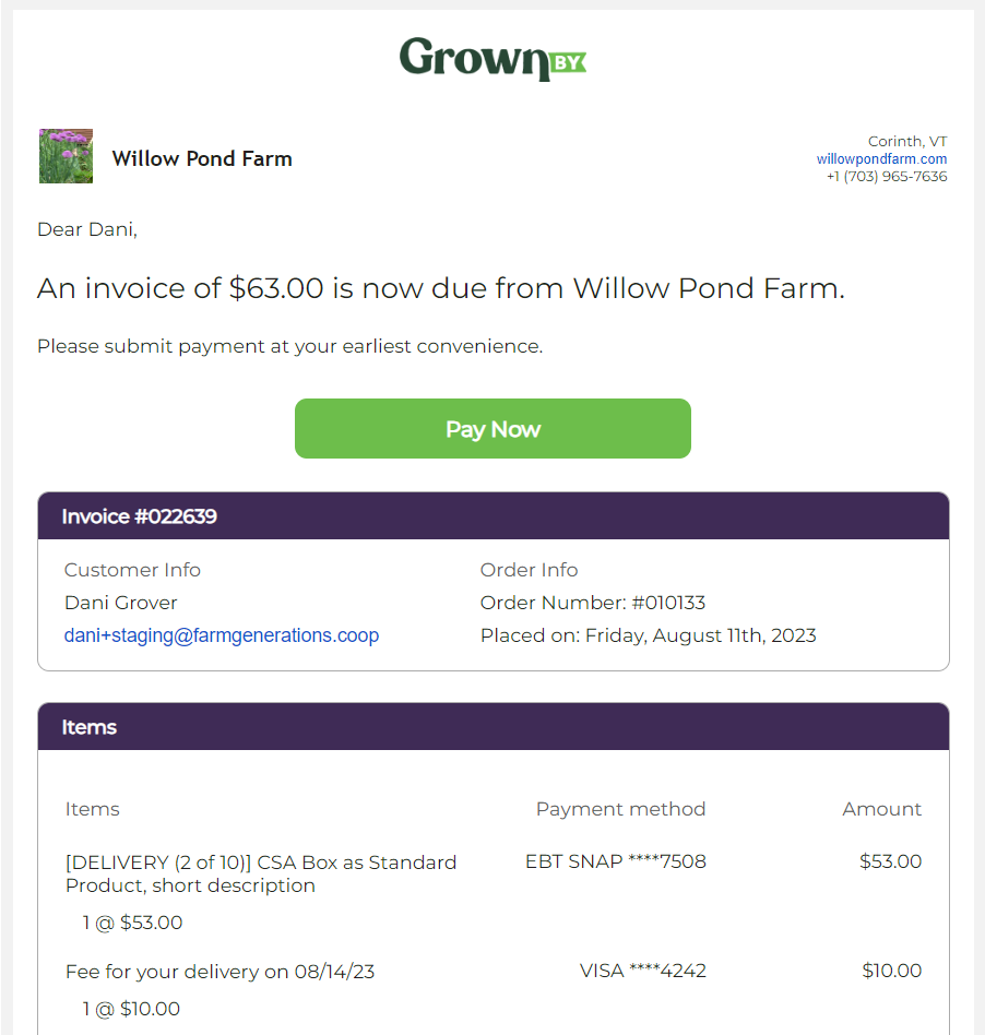 Email notification with a Pay Now button for an outstanding GrownBy invoice