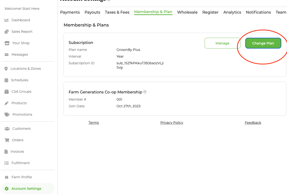 Account Settings showing the Membership and Plan section with the Change Plan option