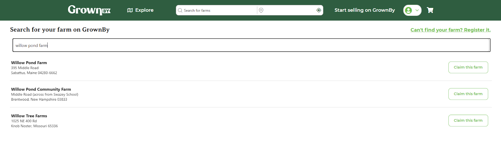 Farm details page with Claim this farm button