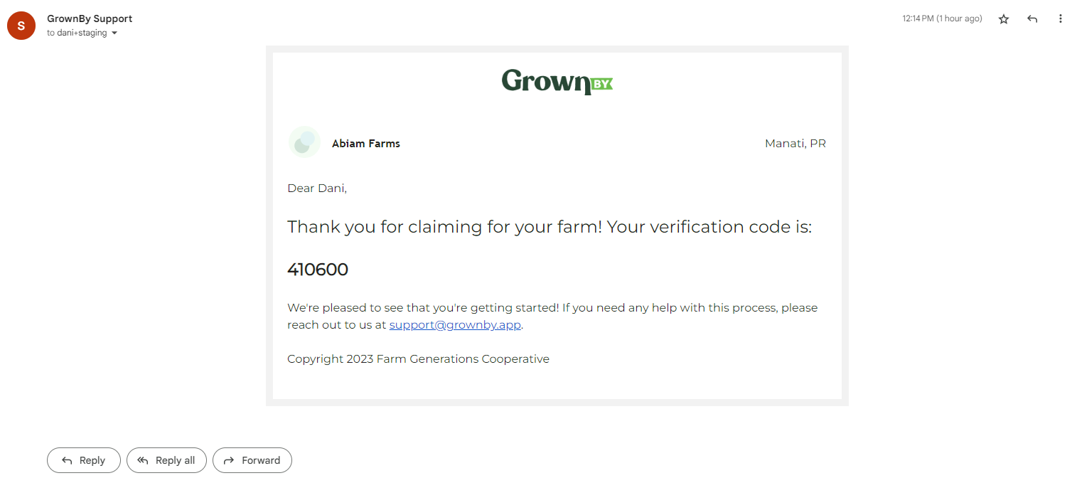 Verification email from GrownBy with a code