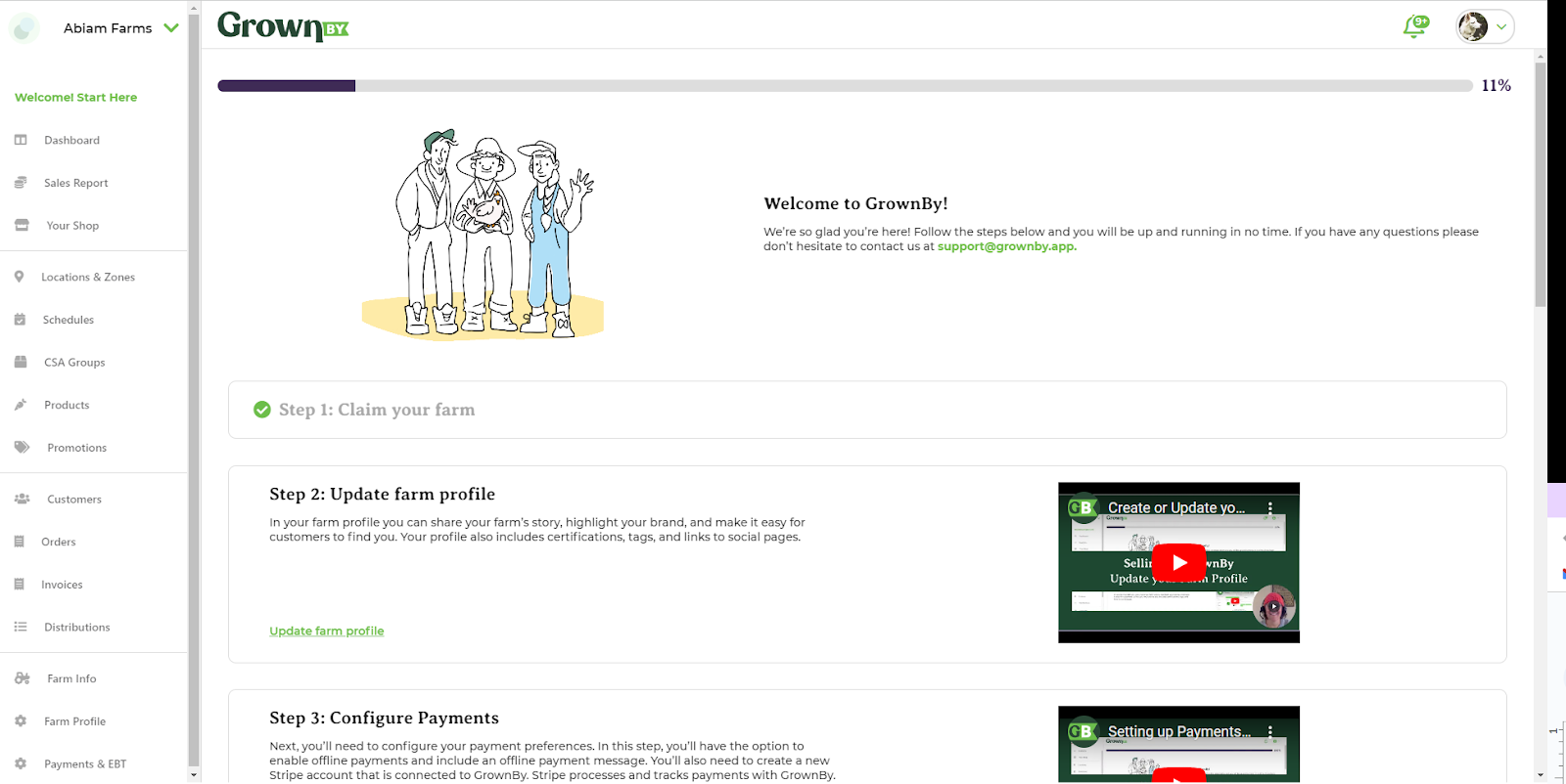 GrownBy farm setup landing page after verification