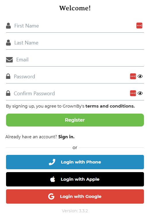GrownBy registration page with fields for name, email, and password
