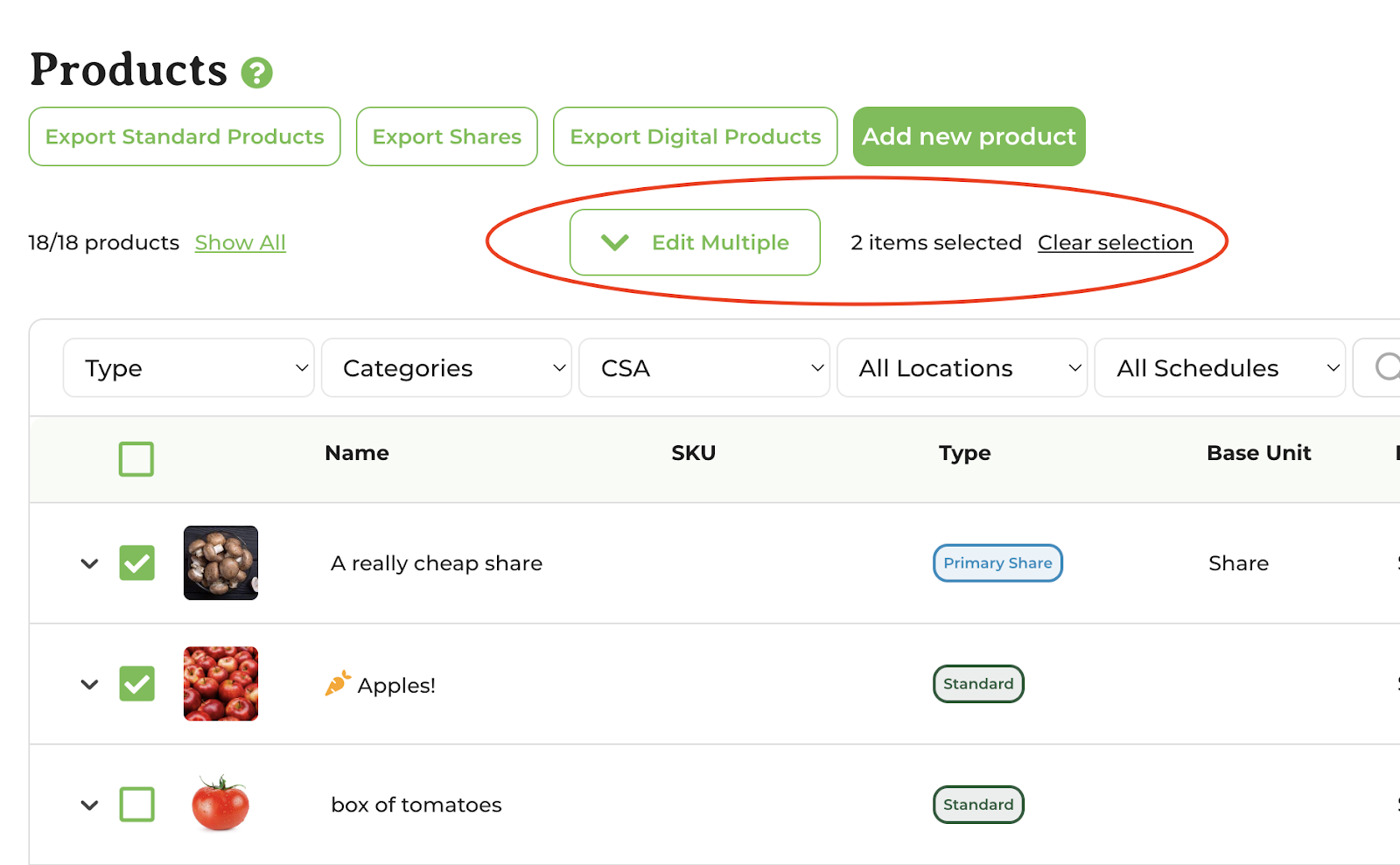Products list with green checkboxes selected and the Edit Multiple option visible