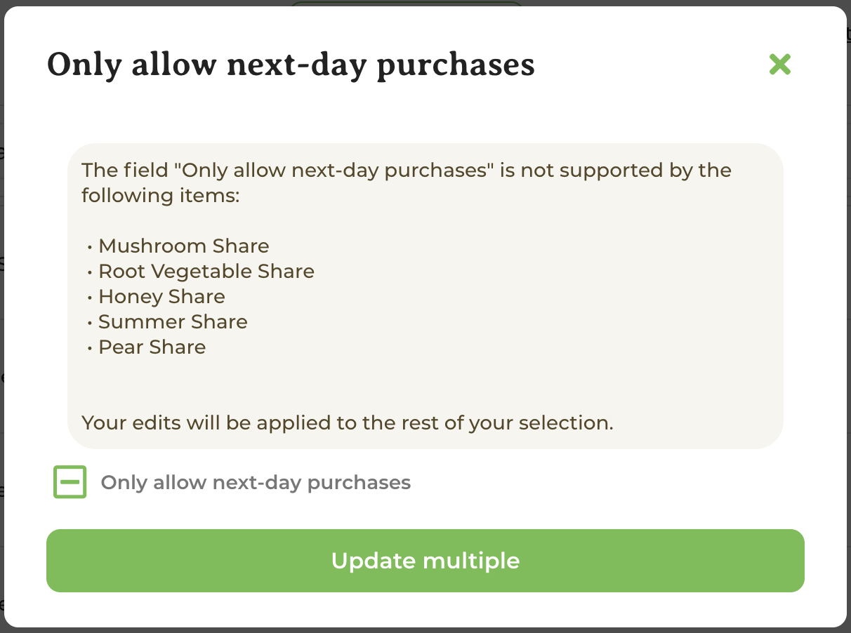 Pop-up alerting that some selected products are not compatible with the bulk edit