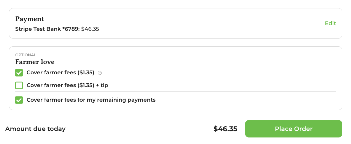 Subscription checkout prompt to cover fees once or for all remaining payments