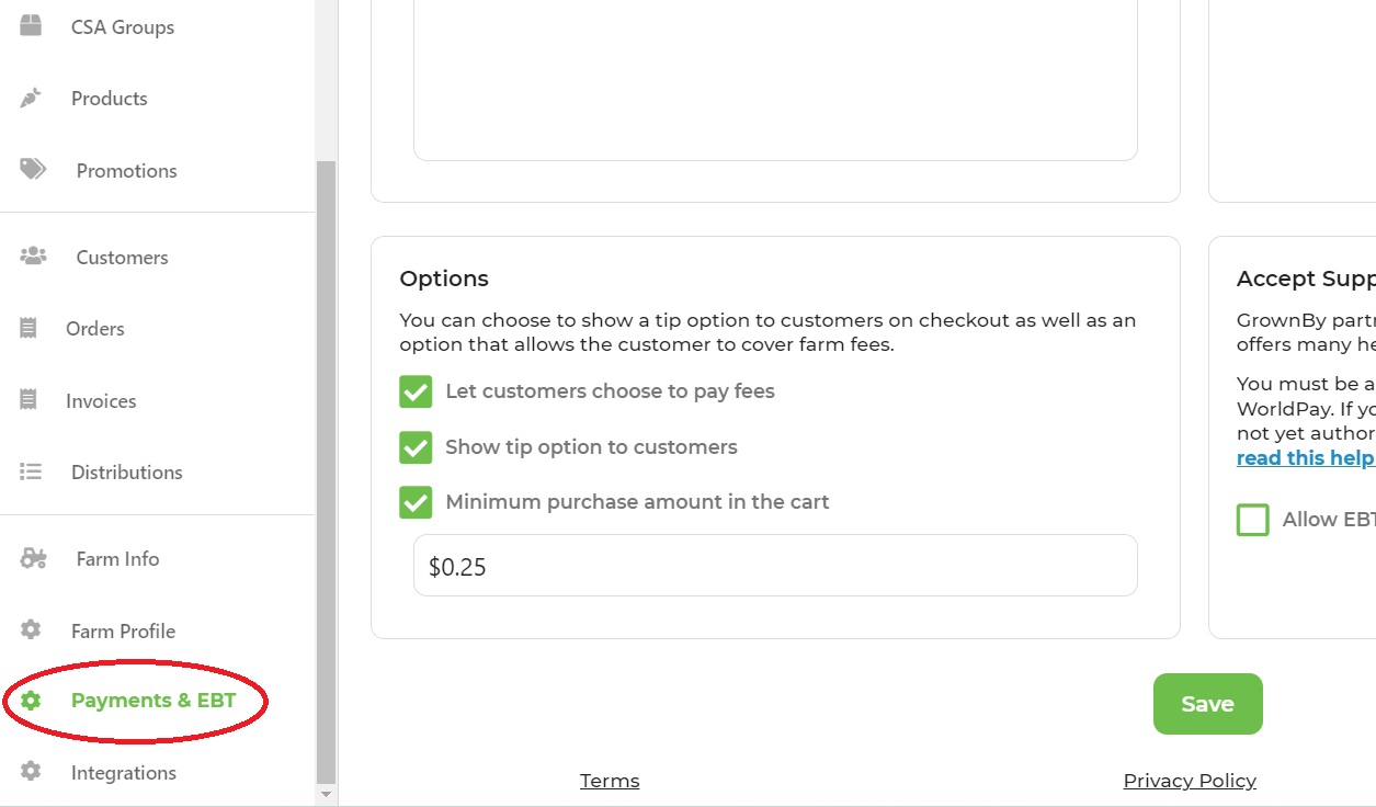Options box in the Payments and EBT settings