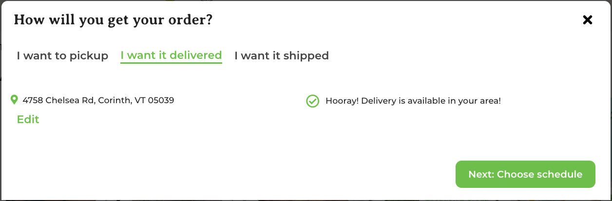 Confirmation message that the customer's address is within the delivery zone