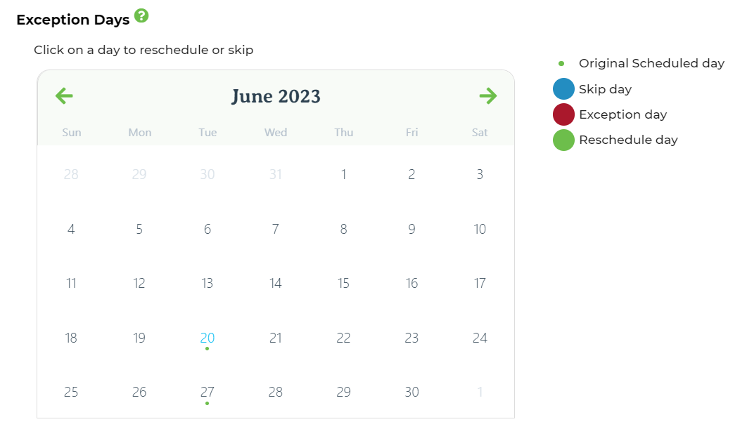 Schedule calendar showing rescheduled and skipped exception days