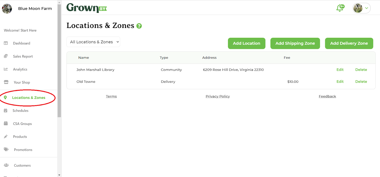 Locations & Zones option in the Dashboard menu