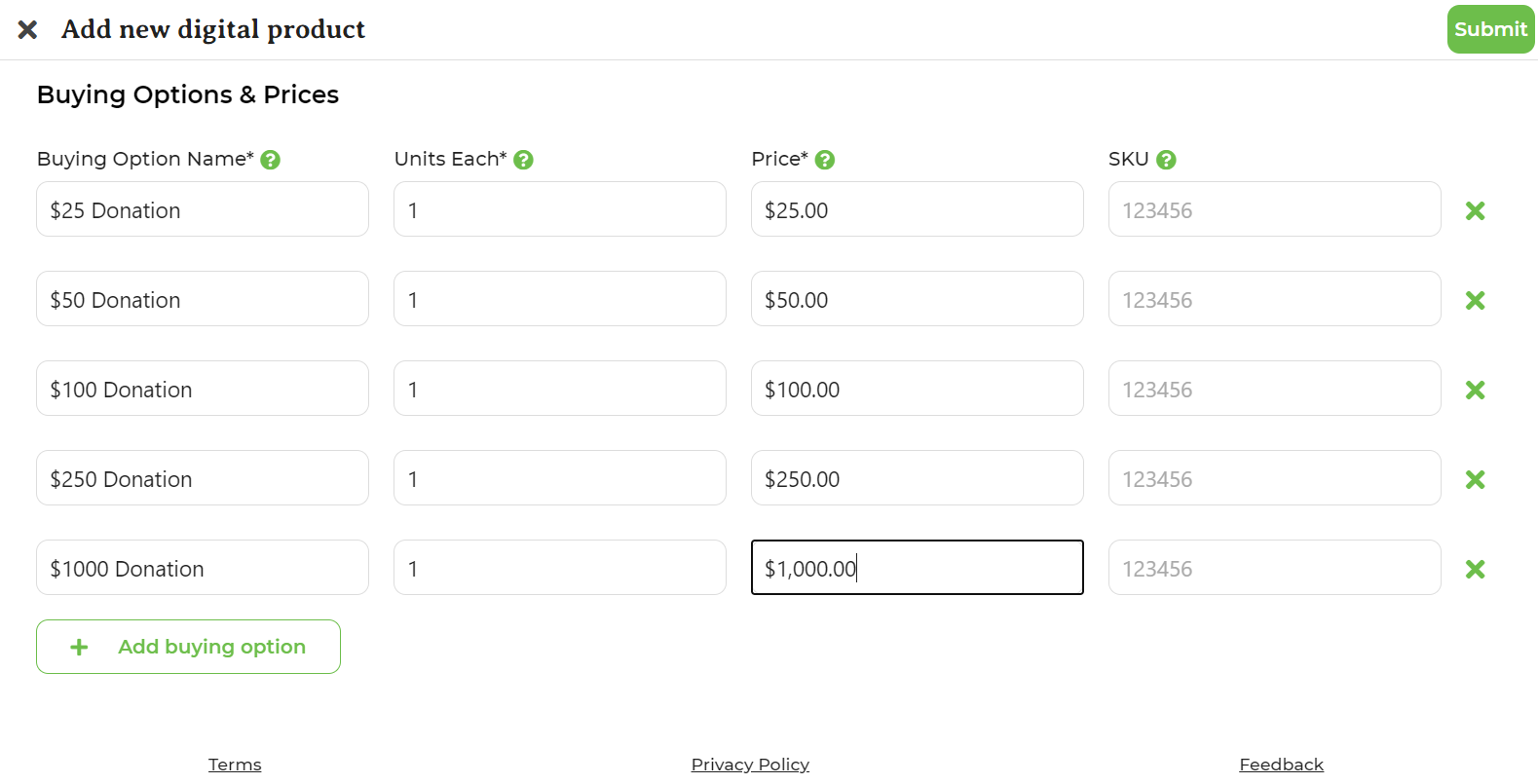 Buying Options and Prices section on the Digital Product editing page