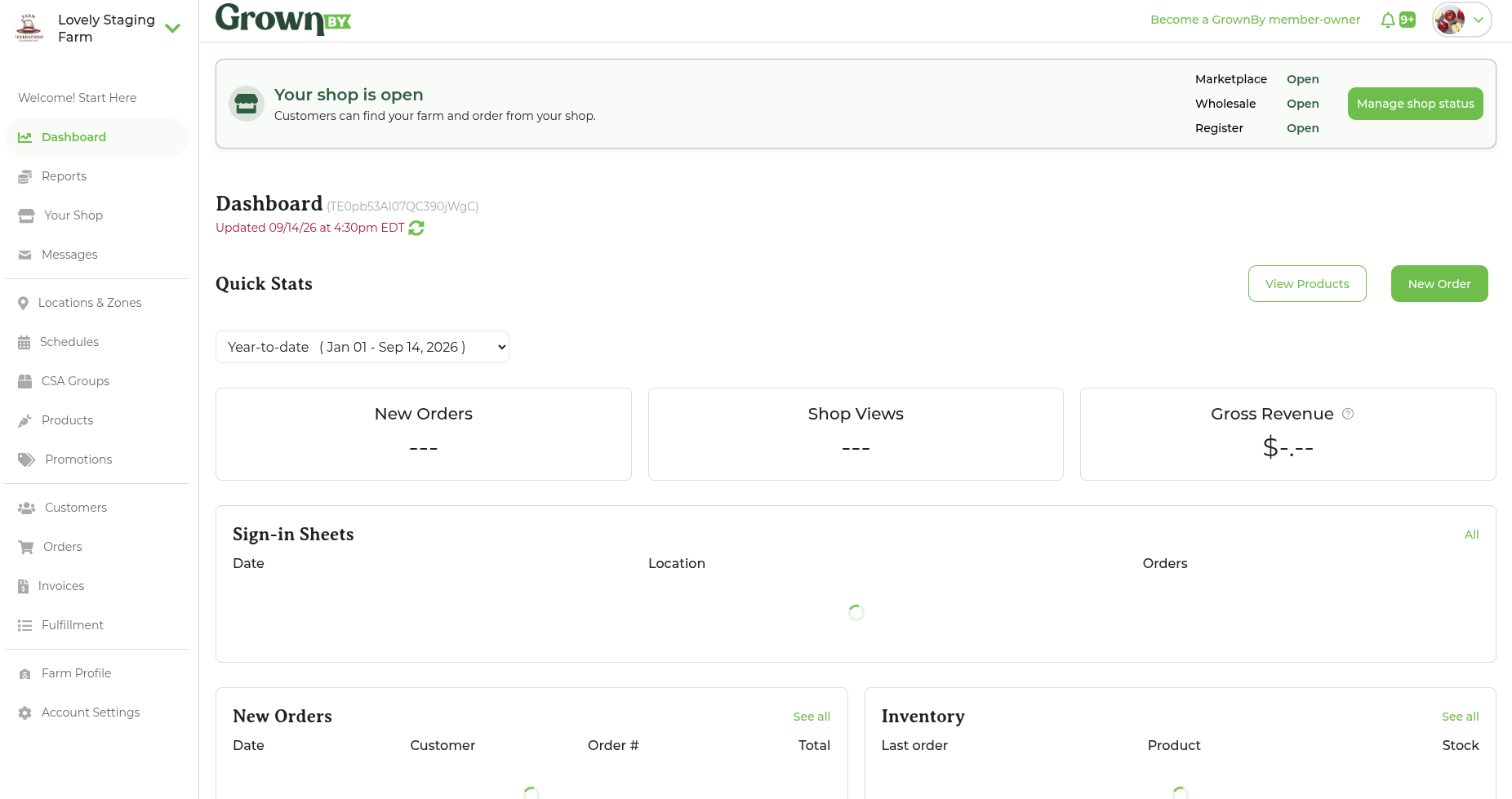Farmer dashboard with shop open status