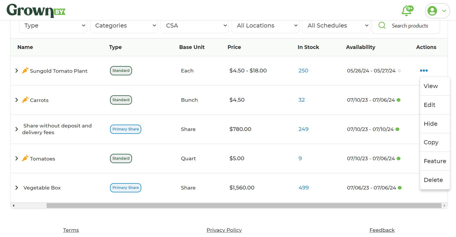 Products menu showing the three-dot Actions menu with hide and unhide options