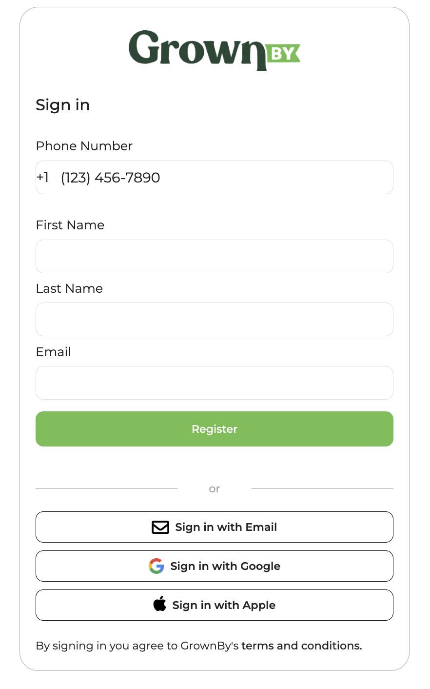 Account creation screen prompting for phone number or email