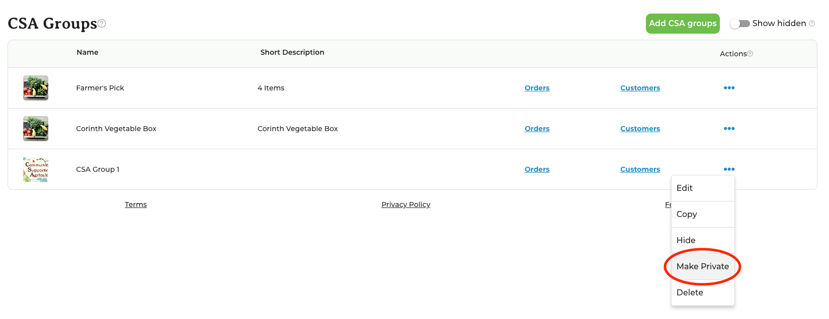 Actions menu on a Private CSA Group showing the shareable link option