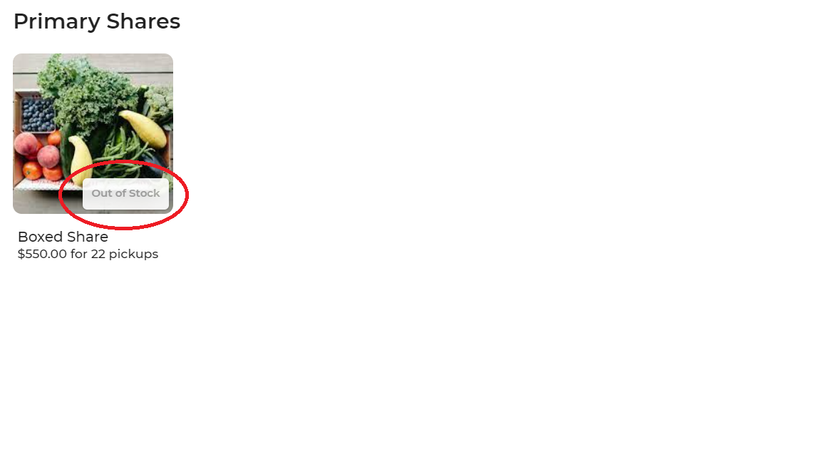 Product showing an out of stock icon overlay on its image in the shop
