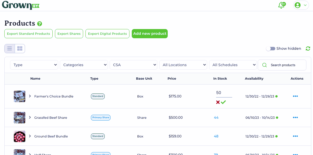 Updating inventory inline by clicking the blue number under the In Stock column on the Products list view