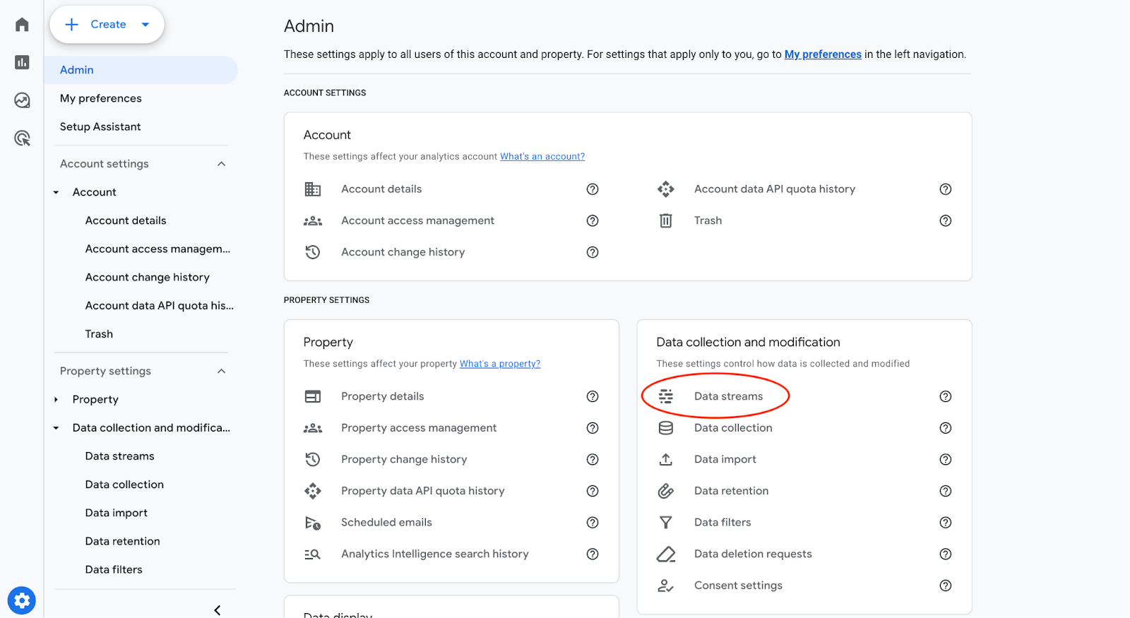 GA4 Data streams option